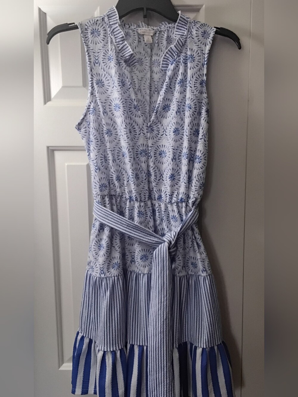 Cato Blue and White Sleeveless Tie-Waist Tiered Mini Dress, Small